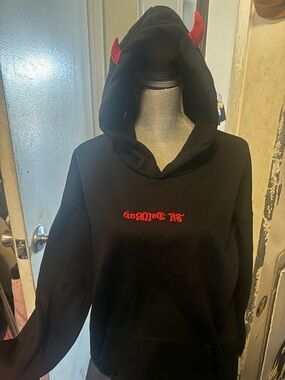 Black Hoodie Sweatshirt with Red Embroidered Logo and Devil Horns